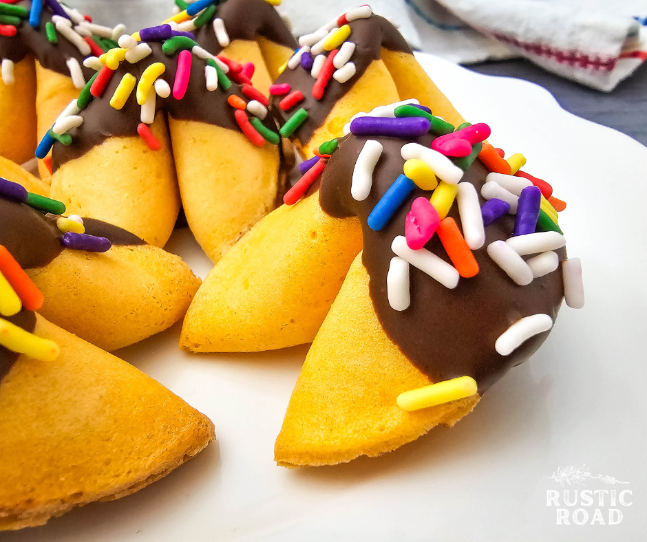 Chocolate Dipped Fortune Cookies with Sprinkles