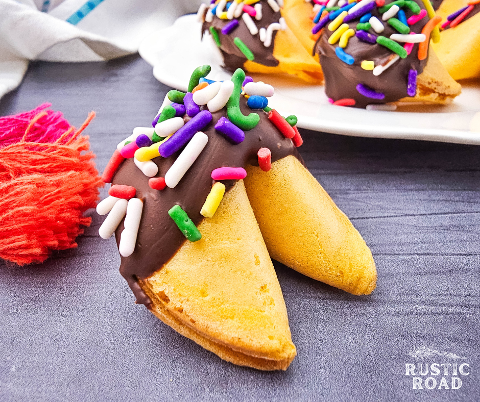 Chocolate Dipped Fortune Cookies with Sprinkles