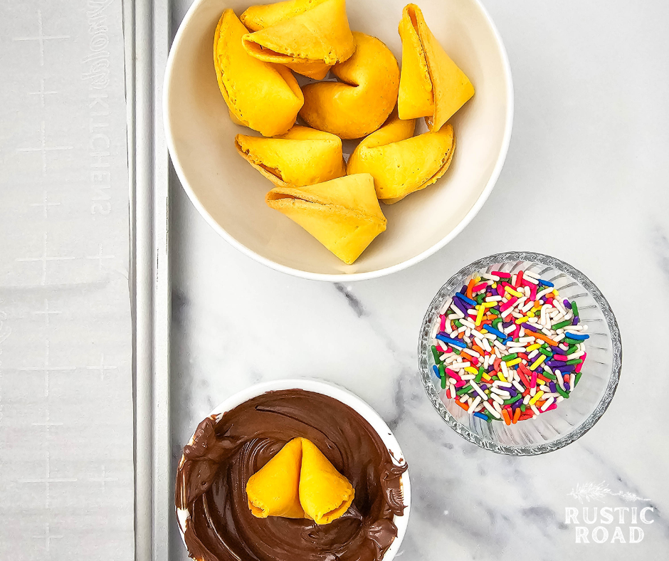Chocolate Dipped Fortune Cookies with Sprinkles