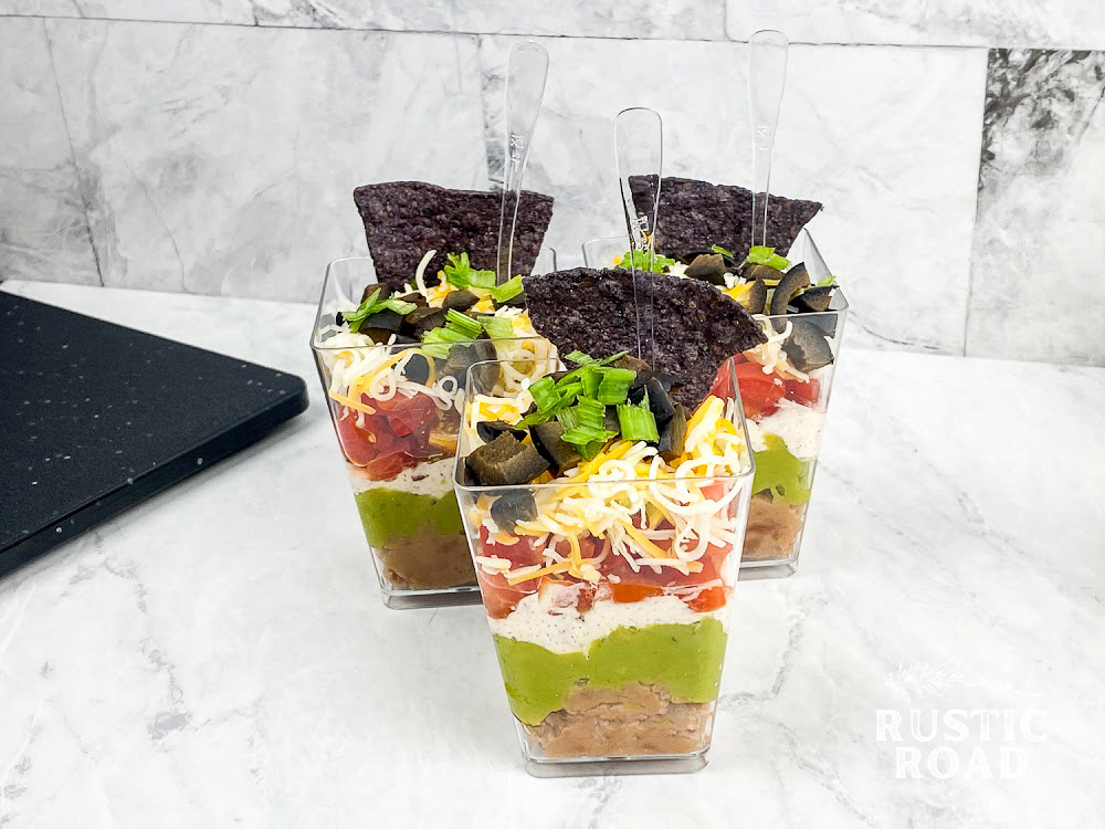 game day recipe 7 layer dip cups